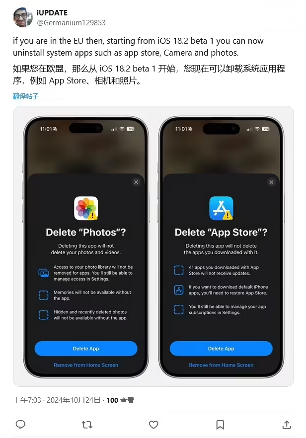 老城苹果手机维修分享iOS 18.2 支持删除 App Store 应用商店 