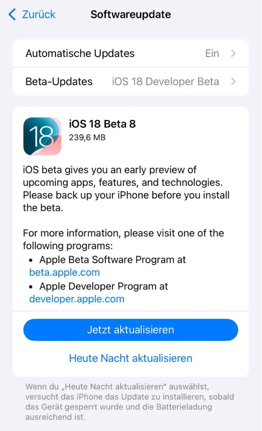 老城苹果手机维修分享苹果 iOS / iPadOS 18 开发者预览版 Beta 8 发布 